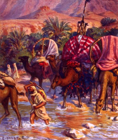 Grupp av arabiska nomader i öknen. av Nasreddine Dinet (Alphonse-Étienne Dinet). 1861 1929. fransk orientalistisk målare 1918 av Alphonse Etienne Dinet