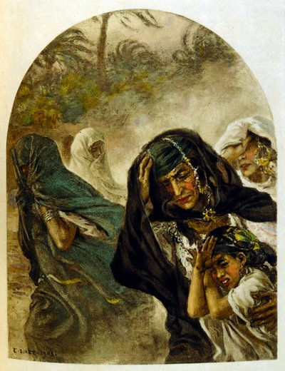 Illustration av Dinet ur "Mirages" Scener ur det arabiska livet. 1906. Mirages, Scenes De La Vie Arab illustrerades av Etienne Dinet och kommenterades av Silman Ben Ibrahim Bamer. Nasreddine Dinet föddes som Alphonse-Etienne Dinet; (1861-1929) var en frans av Alphonse Etienne Dinet