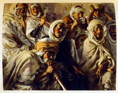 Illustration av Dinet ur "Mirages" Scener ur det arabiska livet. 1906. Mirages, Scenes De La Vie Arab illustrerades av Etienne Dinet och kommenterades av Silman Ben Ibrahim Bamer. Nasreddine Dinet föddes som Alphonse-Etienne Dinet; (1861-1929) var en frans av Alphonse Etienne Dinet