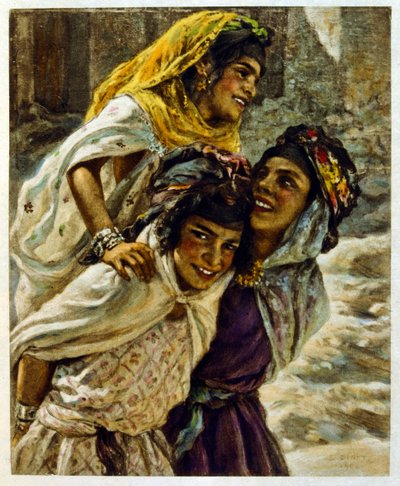 Illustration av Dinet ur "Mirages" Scener ur det arabiska livet. 1906. Mirages, Scenes De La Vie Arab illustrerades av Etienne Dinet och kommenterades av Silman Ben Ibrahim Bamer. Nasreddine Dinet föddes som Alphonse-Etienne Dinet; (1861-1929) var en frans av Alphonse Etienne Dinet