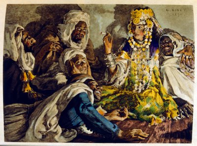 Illustration av Dinet ur "Mirages" Scener ur det arabiska livet. 1906. Mirages, Scenes De La Vie Arab illustrerades av Etienne Dinet och kommenterades av Silman Ben Ibrahim Bamer. Nasreddine Dinet föddes som Alphonse-Etienne Dinet; (1861-1929) var en frans av Alphonse Etienne Dinet