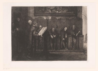 Åtta män runt en talarstol Le lutrin (titel på objekt) av Alphonse Legros