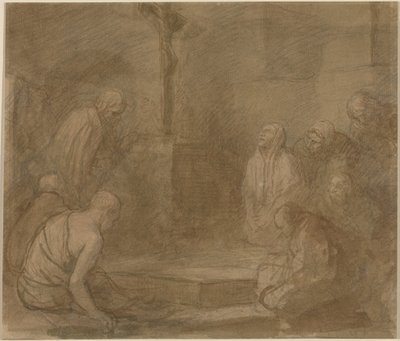 At the Foot of the Cross (penna och brunt bläck med brun lavering över grafit på liggande papper) av Alphonse Legros