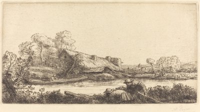 Gård längs floden sedd av Evening Light Farm längs floden: Evening Light. av Alphonse Legros