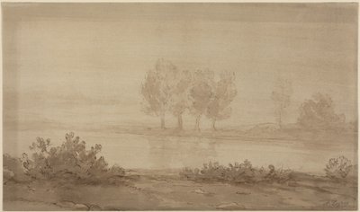 Landskap - fyra träd bortom en flod av Alphonse Legros