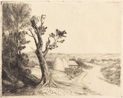 Landskap med höstackar (Le paysage aux meules) av Alphonse Legros