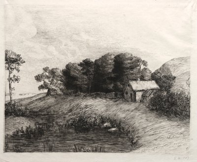 Landskap med en damm. av Alphonse Legros
