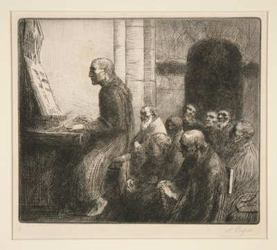Munk som spelar orgel i en kyrka av Alphonse Legros