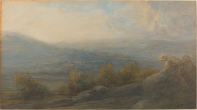 Bergslandskap med två figurer till höger av Alphonse Legros