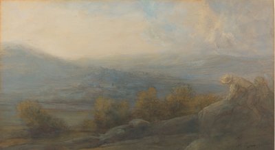 Bergslandskap med två figurer till höger, 1905. av Alphonse Legros