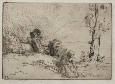 Bondekvinna som sitter nära en häck av Alphonse Legros