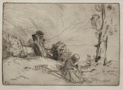 Bondekvinna som sitter nära en häck. av Alphonse Legros