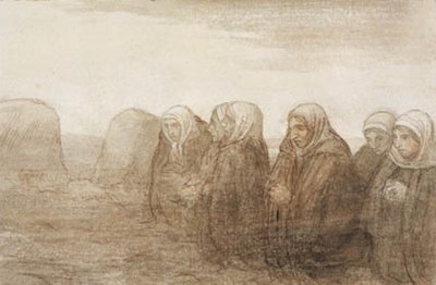 Sex bondfruar i bön på ett höstfält av Alphonse Legros