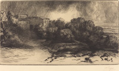 Vy över en gård sett i en storm av Alphonse Legros