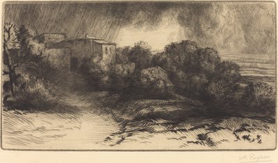 Vy över en gård sett i en storm La ferme de Brieux Stormeffekt. av Alphonse Legros