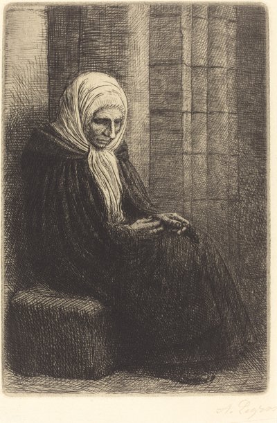 Kvinna som sitter mot en vägg, barn med huvudet i knäet av Alphonse Legros