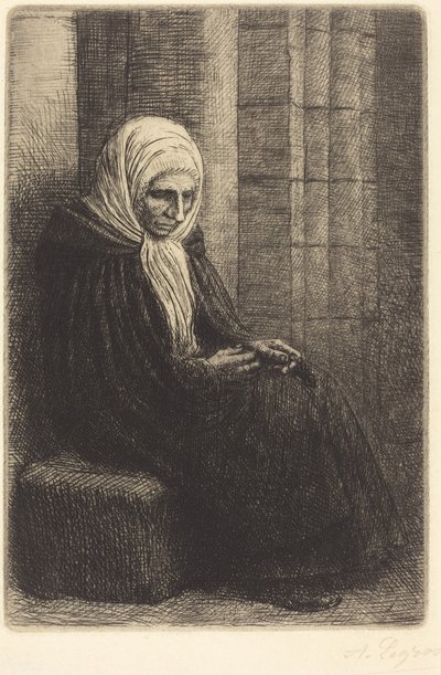 Kvinna sittande mot en mur, barn med huvudet i hennes knä (Femme assis, muraille au fond, enfant la tête dans son giron) av Alphonse Legros