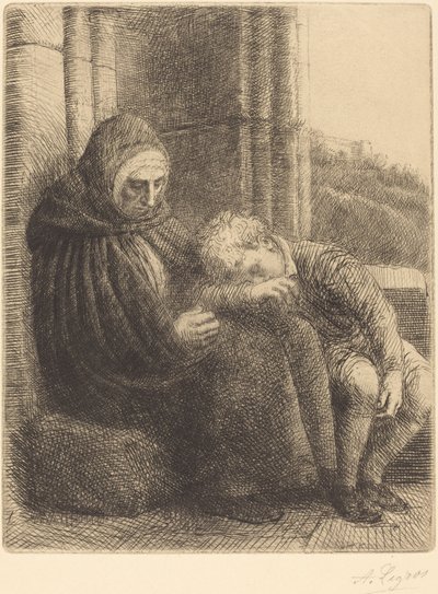 Kvinna som sitter mot en vägg, barn med huvudet i knäet av Alphonse Legros