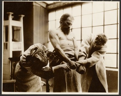 [Tre modeller som poserar för den "symboliska gruppen" på bilden "S:t Vitus-festen i Rügan" från "Epic of the Slavs Cycle, Zbiroh, Bohemia"] av Alphonse Maria Mucha
