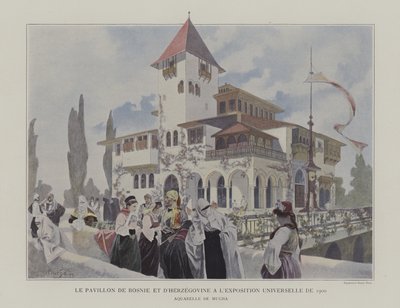 Paviljongen i Bosnien och Hercegovina vid Exposition Universelle 1900, Paris (färg litho) av Alphonse Marie (after) Mucha