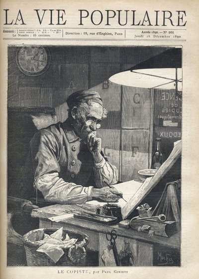 En koncentrerad kopist som arbetar på sitt kontor. Illustration av Alfons Maria Mucha (Alphonse Marie Mucha av Alphonse Mucha