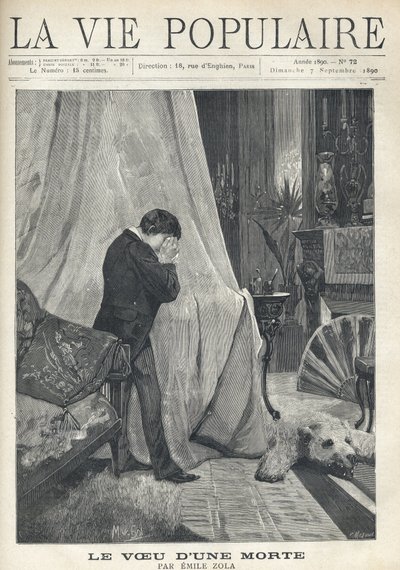 En man eplorer, gömmer sina tårar och ansiktet i en näsduk, stående bakom sänghimmeln, i ett rikt dekorerat sovrum, med björnskinn, broderade kuddar, fläkt och olika vaser och ljusstakar. Illustration av Alfons Maria Mucha (Alphonse Mar av Alphonse Mucha
