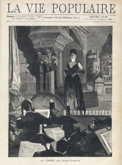 En sångare, på scenen, möter orkestern i gropen, musikerna och dirigenten i full prestanda. Illustration av Alfons Maria Mucha (Alphonse Marie Mucha av Alphonse Mucha