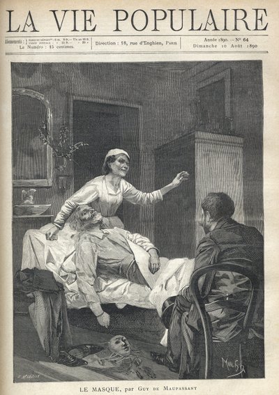 En mager gammal man med ett emacie ansikte stretchar, hans kostym, hans skor och en karnevalsmask släpar nära hans blöja (en lakanjete på en soffa), i "La Vie Populaire" av Alphonse Mucha