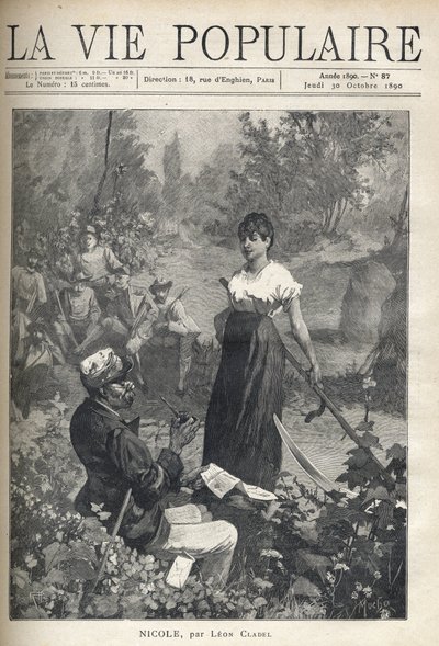 En gammal man läser ett brev till en vacker ung bonde som håller i en falsk (reaper). Jägare tittar på scenen i fjärran. Illustration av Alfons Maria Mucha (Alphonse Marie Mucha av Alphonse Mucha