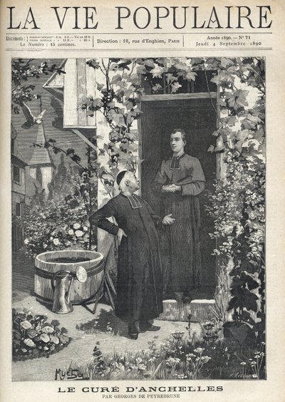 Vid ingången till presbyteriet riktas en behandling till en yngre person. Trädgården är mycket blomstrande, utrustad med en tank och en vattenkanna, längst ner kan du se byns klocktorn. Illustration av Alfons Maria Mucha (Alphonse Mar av Alphonse Mucha
