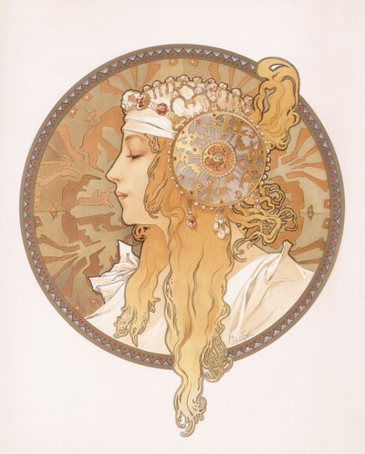 Bysantinskt huvud av en blond jungfru; Tete bysantine d"une femme blonde, c.1897 av Alphonse Mucha