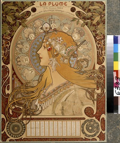 ""La Plume"" kalender, illustrerad varannan månad tidning från Salon des Cent. Konstnärligt och litterärt bibliotek. Konstverk av Alfons Maria Mucha (Alphonse Marie Mucha av Alphonse Marie Mucha