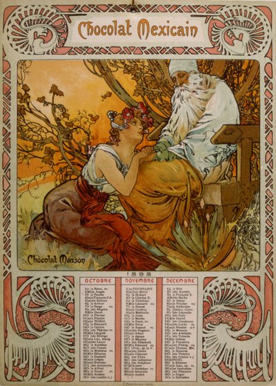 Chocolate Masson-kalender illustrerad av Mucha (1860 – 1939). en tjeckisk jugendmålare av Alphonse Mucha