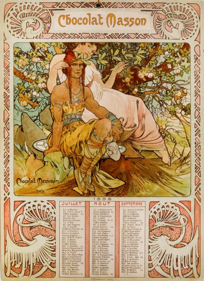 Chocolate Masson-kalender illustrerad av Mucha (1860 – 1939). en tjeckisk jugendmålare av Alphonse Mucha