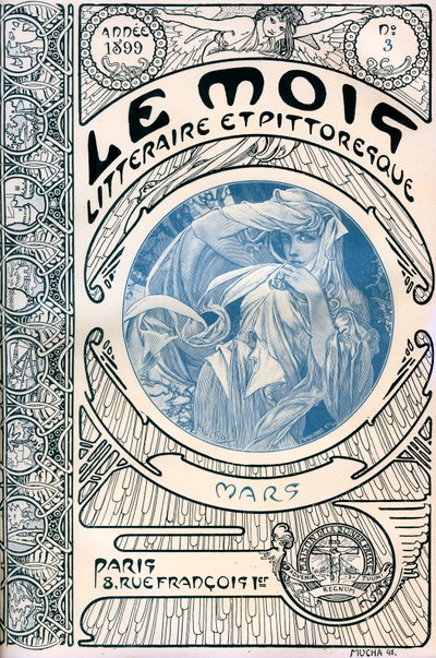 Tidningens omslag (månadstidskrift) Den litterära och pittoreska månaden av Alphonse Mucha (1860-1939): Mars 1899 - Maison de la Bonne Presse - av Alphonse Mucha