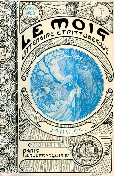 Tidningens omslag (månadsmagasin) Den litterära och pittoreska månaden av Alphonse Mucha (1860-1939): Januari 1899 - Maison de la Bonne Presse - av Alphonse Mucha