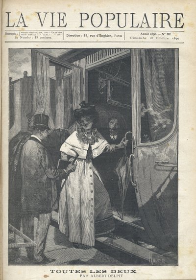 Farväl mellan en man och en kvinna som sätter sig på ett tåg på perrongen på en station. Illustration av Alfons Maria Mucha (Alphonse Marie Mucha av Alphonse Mucha