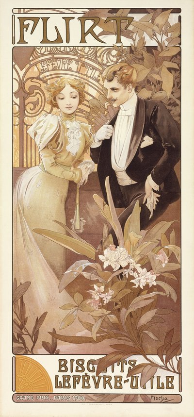 Flirt, ca 1895-1900 (färg litho) av Alphonse Mucha