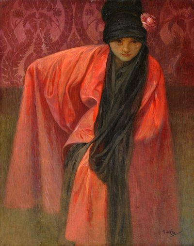 Girl in Red par Mucha, Alfons Marie (1860-1939), ca. 1914 - Tempera på duk, 60,5x47 - Privat samling av Alphonse Mucha