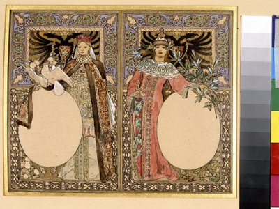 Illustration av en bok (saga eller legender). Konstverk av Alfons Maria Mucha (Alphonse Marie Mucha av Alphonse Marie Mucha