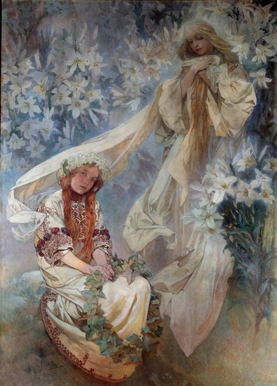 La Madonna au Lys målning av Alphonse Mucha (1860-1939) 1905 privat samling av Alphonse Mucha