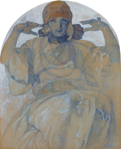 ""Porträtt av konstnärens dotter Jaroslava Muchova (1909-1986)"" (Porträtt av konstnärens dotter, Jaroslava) Målning av Alphons Mucha (1860-1939) - cirka 1924 Dim 51x41 cm Privat samling av Alphonse Mucha