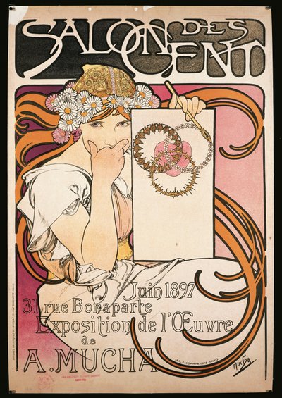 Affisch som annonserar utställningen av A. Mucha på Salon des Cent av Alphonse Marie Mucha
