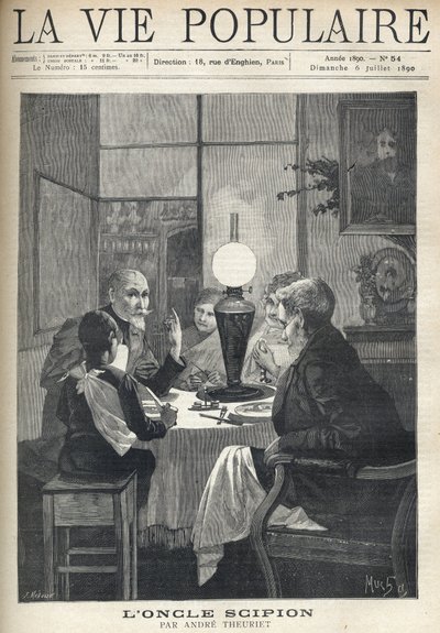 Scen för familjelivet: runt middagsbordet samlas en familj, upplyst av en oljelampa och lyssnar noga på en besökande farbror, med ljusa ögon och hand som markerar höjdpunkterna i hans berättelse. Illustration av Alfons Maria Mucha (Alphonse av Alphonse Mucha