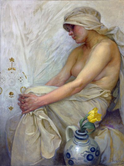 Sittande flicka par Mucha, Alfons Marie (1860-1939), ca. 1914 - Tempera på duk, 80x60 - Privat samling av Alphonse Mucha