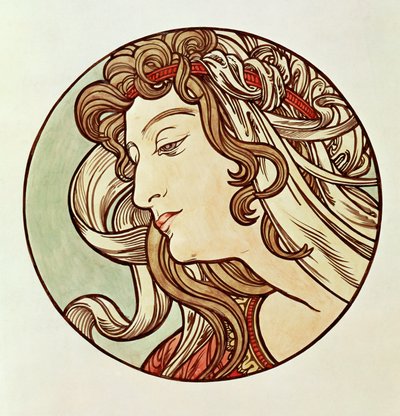 Kvinna, tre fjärdedels vy av Alphonse Marie Mucha