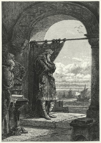 Karl den Store tittar oroligt på närmar sig fartyg som bär normandiska anfallare (gravyr) av Alphonse Marie de (after) Neuville