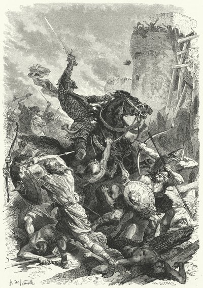 Greve Odo försvarar Paris mot normanderna, 886 (gravyr) av Alphonse Marie de (after) Neuville