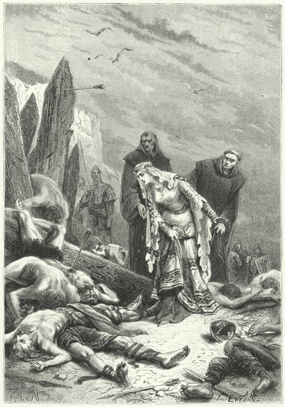 Mässan Edith upptäcker kung Harolds kropp på slagfältet i Hastings av Alphonse Marie de (after) Neuville