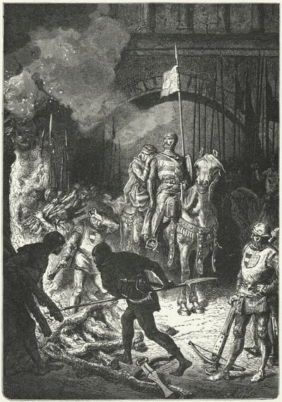 El Cid, tillsammans med sin fru Dona Jimena, övervakar byggandet av begravningsbålet för Ahmed, morisk kung av Valencia av Alphonse Marie de (after) Neuville